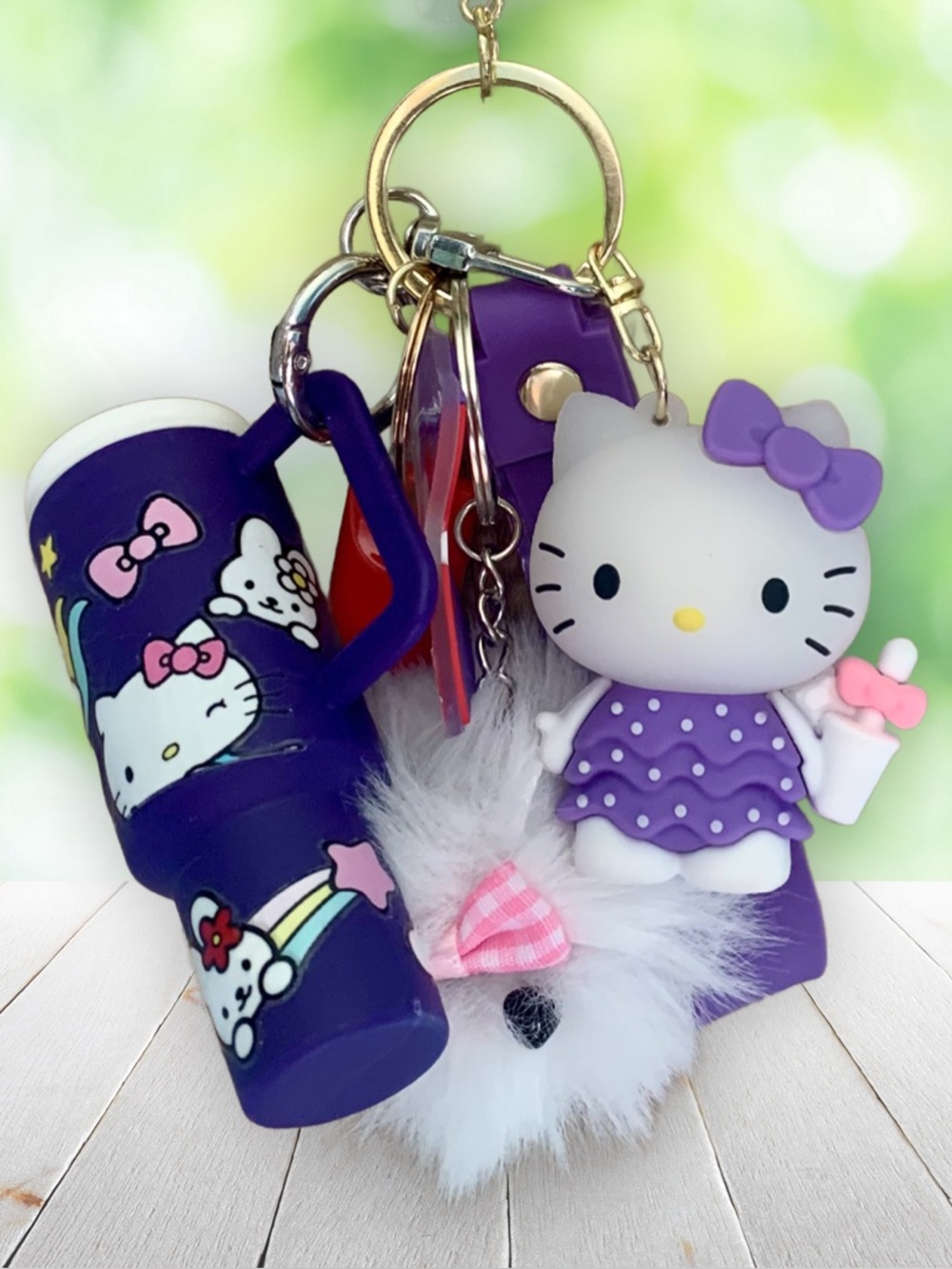 Hello Kitty Purple Charm Keychain Set with Plush Pom Pom bag charm